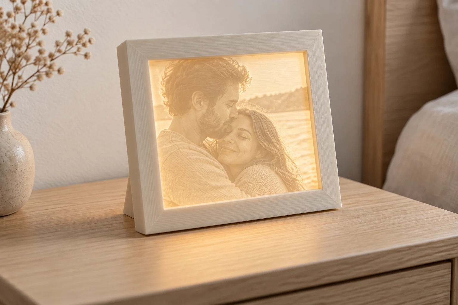 A favourite couple photograph illuminated from behind in a custom 3D printed lithophane frame